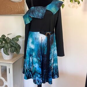 Starry Sky Skew Neck O Ring Asymmetrical Knee Length Dress